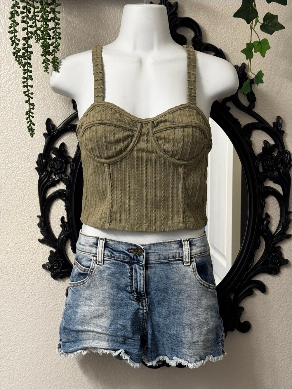 Olive Ribbed Bustier Crop Top - Women
